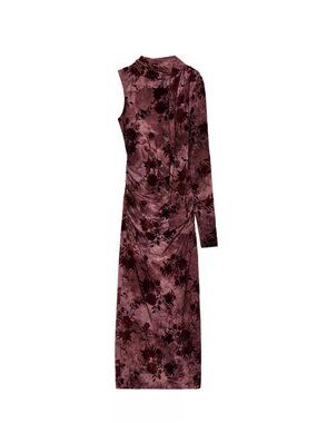 Zara Velvet Floral Burnout Burgundy Midi Dress  Size Small
